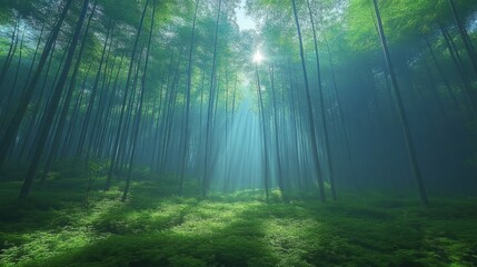 Naklejka premium Sunlight filtering through a lush green forest canopy illuminating the dense undergrowth