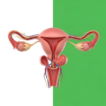 Female Reproductive System Anatomy 3D Illustration on Green and White Background.