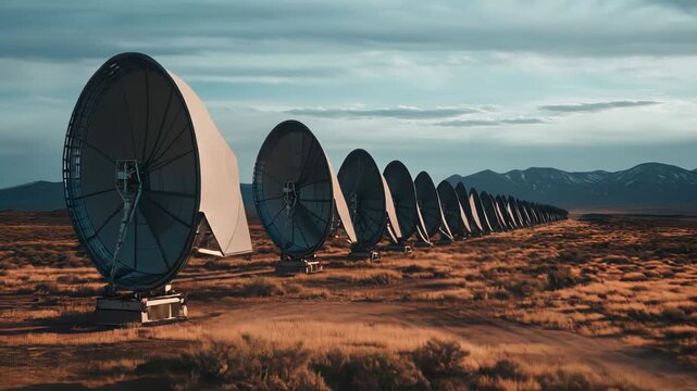 Row of large radio telescopes in a vast arid desert with mountains in the distance, working together to explore the cosmos and gather astronomical data
