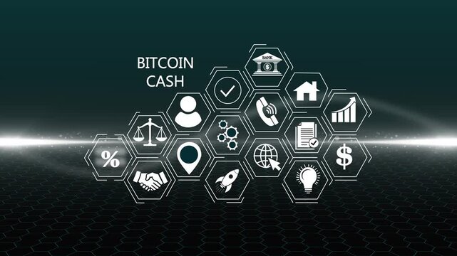 Futuristic Bitcoin cash hologram concept. Glowing holographic planet earth digital network with collaboration, innovation and corporate leadership. Business, tec 4k video animation