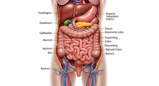 Detailed illustration of the human digestive system and internal organs.
