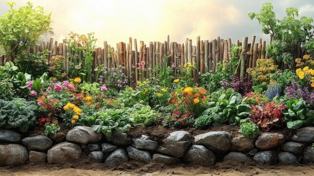 Vibrant flower garden with a rustic bamboo fence and natural stone wall under bright sunlight