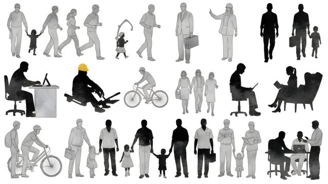 Diverse people AutoCAD drawing collection, watercolor silhouette style, white background, architectural figures, human scale illustrations