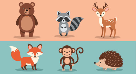 Obraz premium Set of six cute cartoon forest animals including a bear, raccoon, deer, fox, monkey, and hedgehog on colored backgrounds.