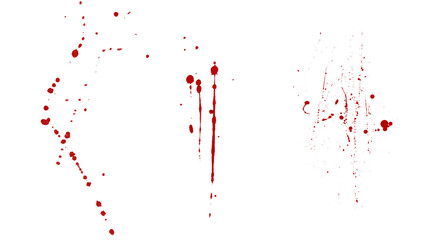 Red blood splatters with dripping effect on transparent background.