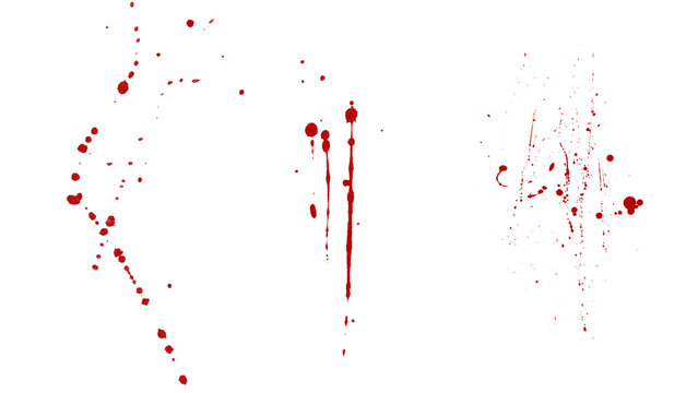 Red blood splatters with dripping effect on transparent background.