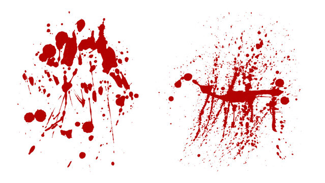 Set of blood splatter, red ink splashes, and drops on transparent background.