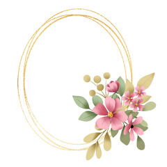 Golden frame wreath border. Hand painting floral background with place for text. Flowers, leaf, leaves, isolated on white background. 