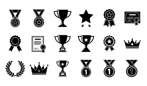 Black Trophy Silhouette Icons Set Awards Medals Achievement Vector Symbols