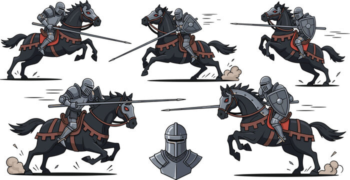 Vector illustration of knights on horseback in various action poses, perfect for medieval, historical, and fantasy-themed designs.