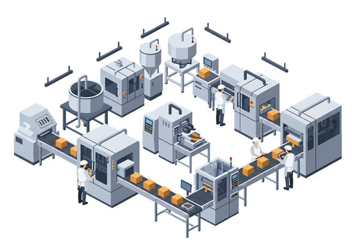 Isometric 3D view vector illustration of food processing factory interior with packaging machines, conveyor system and uniformed workers in clean hygienic production facility