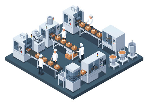 Isometric 3D view vector illustration of food processing factory interior with packaging machines, conveyor system and uniformed workers in clean hygienic production facility