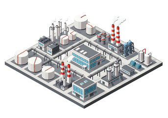Obraz premium Isometric 3D view vector illustration of oil refinery complex with storage tanks, pipelines and chimneys in organized industrial zone, energy and petrochemical industry concept