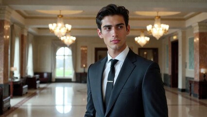 Fototapeta premium Young man wearing suit standing in polished marble foyer