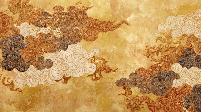 浮き彫り状の金の祥雲と唐草文様、伝統的な吉祥パターン