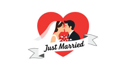 Obraz premium Just married wedding card with a bride and groom kissing in front of a large red heart and elegant white ribbon banner.