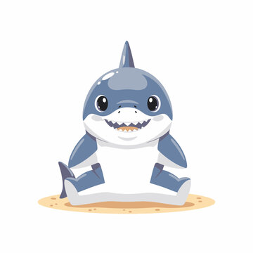 Cute cartoon baby shark sitting on sand.