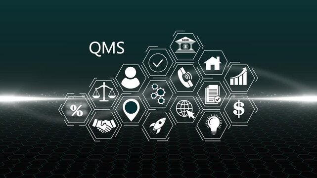 Management System Q M S Infographic on Blue Background Business, Technology, Internet and networking Motion graphics of QMS concept. 