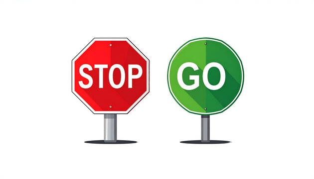 Stop sign and go sign illustration with shadow on white background; traffic signs