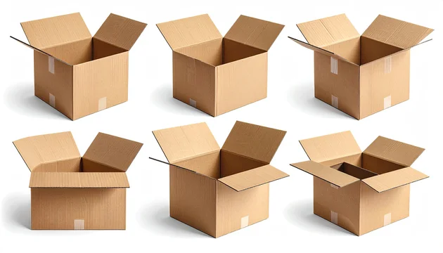 Set of six open cardboard boxes on a white background