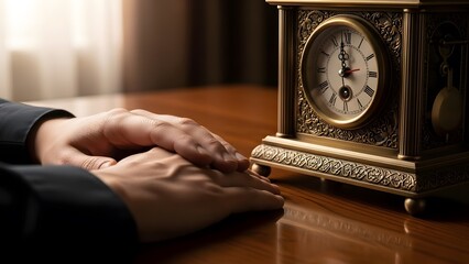 Naklejka premium Man typing on laptop near antique clock.