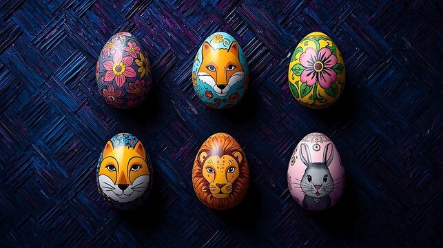 Colorful decorated easter eggs with animal and floral designs on dark background
