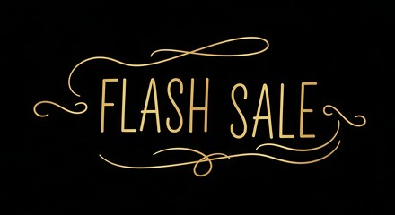 Obraz premium Elegant golden 'Flash Sale' text with decorative flourishes on a black background, perfect for promotional events.
