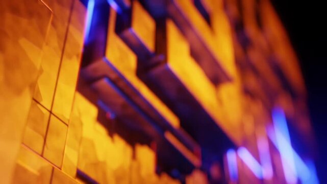Futuristic 3D Blocks with Orange and Blue Lighting in Abstract Technology Motion