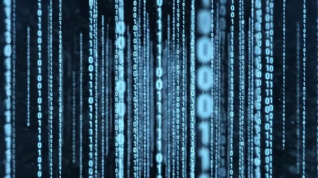 Abstract Digital Rain of Binary Code Falling Down in Blue Tones, Futuristic Technology Concept