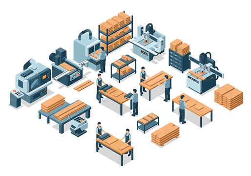 Isometric 3D view vector illustration of furniture manufacturing factory with woodworking machines, assembly tables and stacked wooden boards in industrial workshop