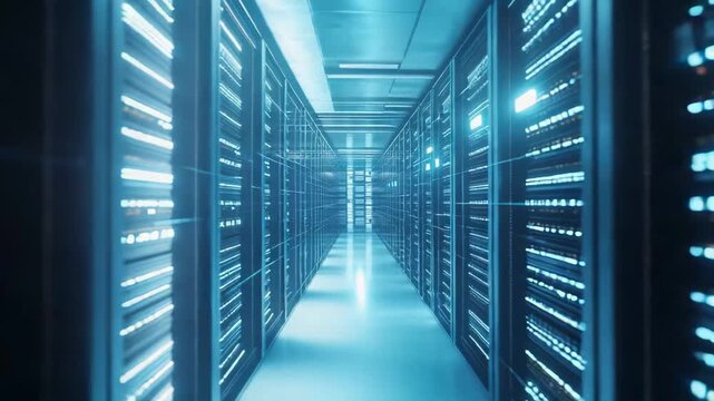 Data center corridor with rows of server infrastructure, creating a powerful representation of modern cloud computing, big data processing, and digital information storage