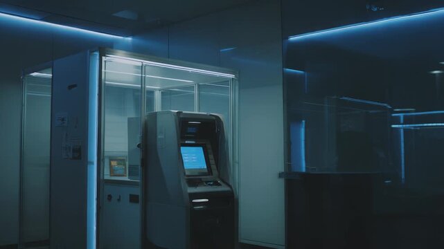 Automated teller machine providing financial services in a modern, dark, and futuristic interior illuminated by blue neon lights, highlighting concepts of technology, finance, and security