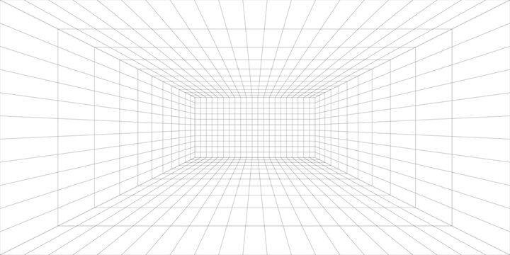 Perspective grid background 3d Vector illustration. Interior design Model projection background template. Line one point perspective