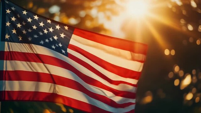 Waving American flag against a warm, sunlit background with bokeh for patriotic events, national holidays, and celebration of freedom and unity