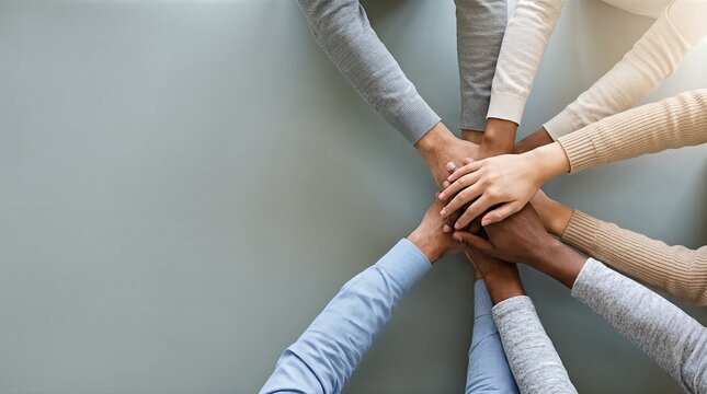 Diverse group of hands joined together, symbolizing teamwork, unity, and cooperation.