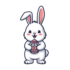 Obraz premium Cute cartoon white bunny holding a decorated Easter egg.