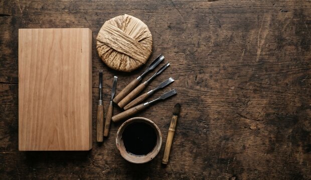Top view flat lay of a traditional Japanese woodblock printing artisan desk with a blank wood block, bamboo baren, and ink brushes on a scarred wooden table