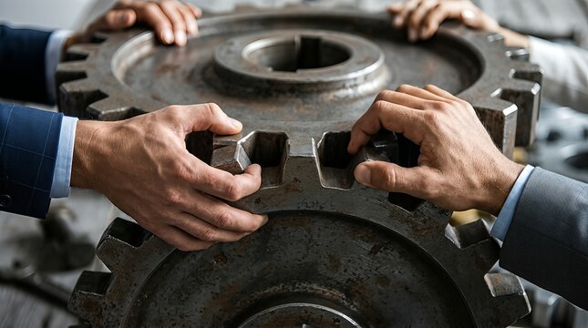 Close-up of multiple hands on a large metal gear symbolizing teamwork and collaboration.