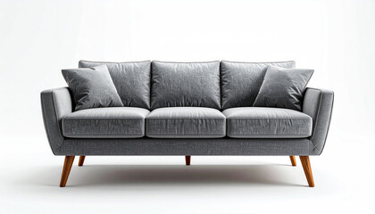 Fototapeta premium Modern Gray Fabric Sofa with Wooden Legs and Accent Pillows