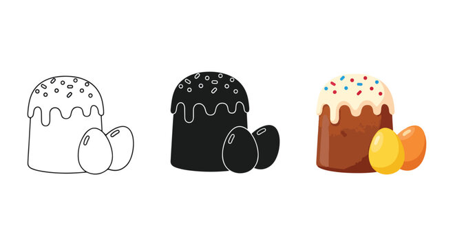 Traditional Easter cake and painted eggs - logo icons vector set. Blue, Black and white icons