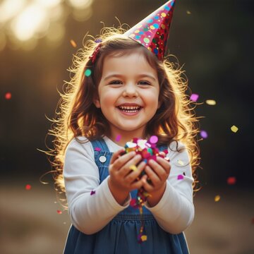 Cheerful Little Girl Tossing Colorful Confetti Outdoors in Sunlight
