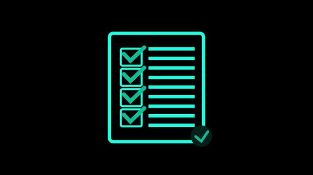 A vibrant cyan neon outline of a checklist on a black background, featuring four completed checkmarks and one incomplete symbolizing progress and task management in a digital or futuristic style