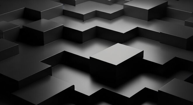 Abstract 3D Geometric Cubes Pattern Dark Monochrome Background.