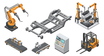 Naklejka premium Isometric 3D automotive manufacturing factory set with robotic welding arm, car chassis assembly line, engine station and forklift, modern smart industry concept