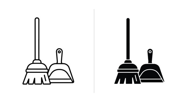 Cleaning broom and dustpan icon set - Minimalist, flat icon, outline, glyph, linear, clipart, sticker - icon set