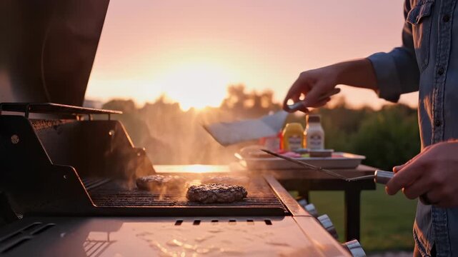Person flips burger on grill during sunset barbecue. Smoke rises from burger cooking on outdoor grill. Spatula turns meat patty at sunset. Person grills burger with smoke at golden hour.