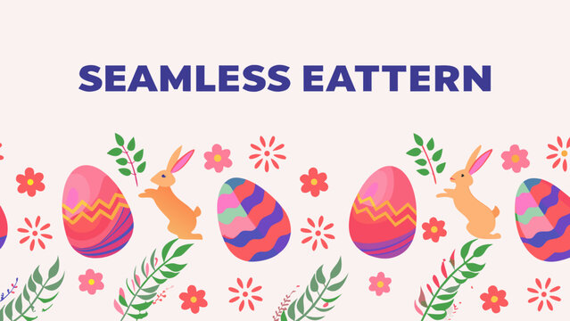 Vibrant easter seamless pattern with hopping rabbits colorful eggs flowers and leaves on white background