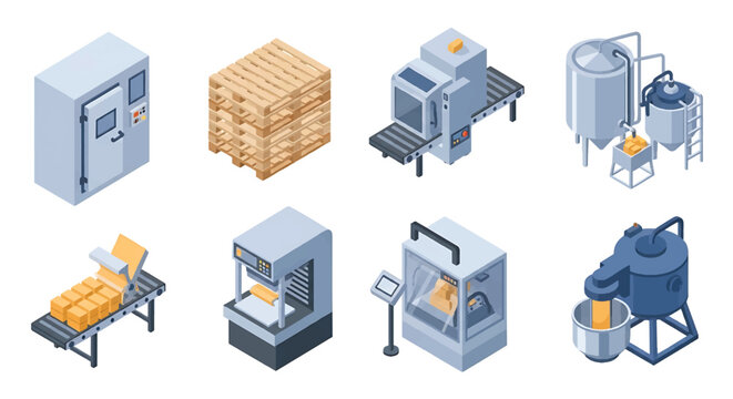 Isometric 3D food processing factory set with industrial mixer, conveyor oven and packaging machine, modern food manufacturing production concept