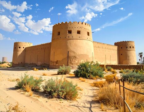A large desert fort with towers and battlements
