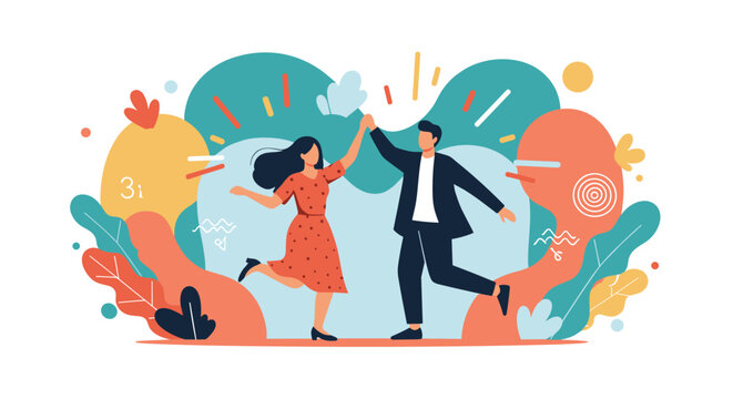 Happy man and woman dancing together amidst abstract colorful shapes and patterns representing joy and celebration.